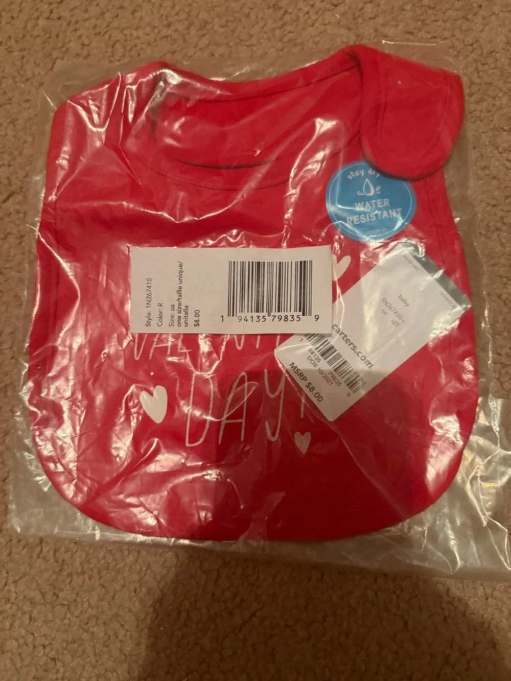 Carter's My First Valentine's Day Red Water Resistant Snap Closure Bib